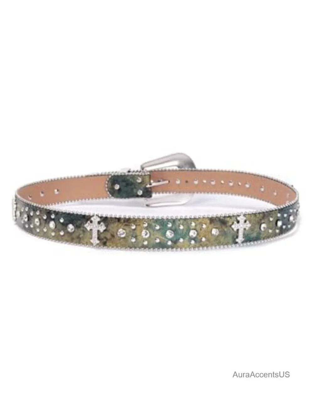 Rhinestone Western Cowboy Belt with Bling Cross Design for Jeans